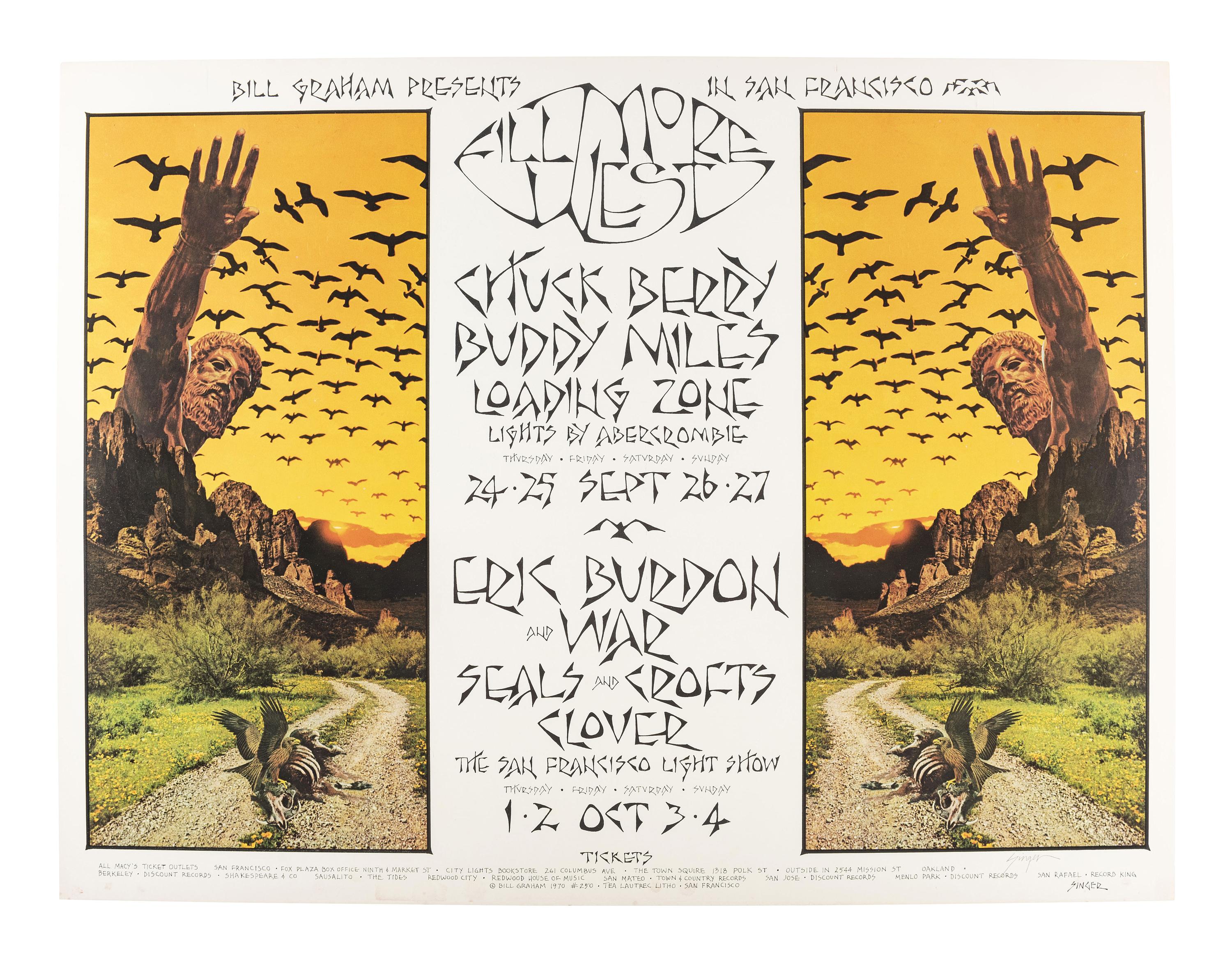 [MUSIC - POSTERS]. SINGER, David, artist. Complete set of 66 SIGNED posters designed for the Fillmore West Ballroom, San Francisco, California. 1969-1971.
