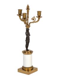 A Pair of Empire Style Gilt and Patinated Bronze and Marble Candelabra
