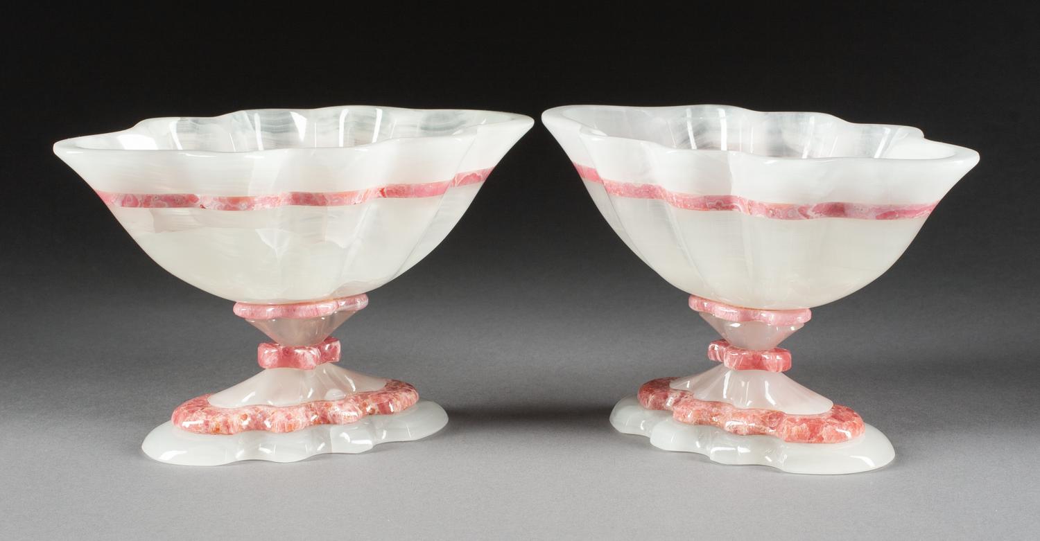 A Pair of Carved Rhodochrosite and Agate Tazze Height 3 3/4 x width 6 1/4 inches.