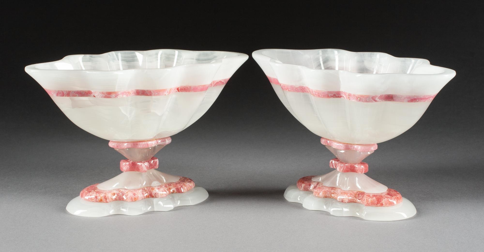 A Pair of Carved Rhodochrosite and Agate Tazze Height 3 3/4 x width 6 1/4 inches.