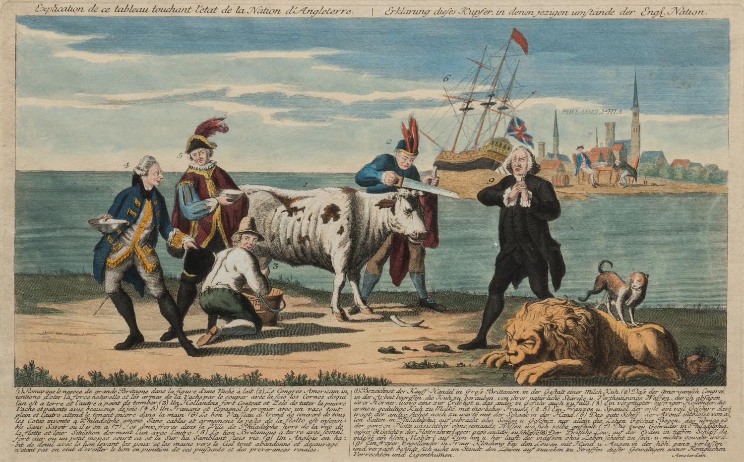 [AMERICAN REVOLUTION]. Explication de ce tableau touchant l’etat de la Nation d’Angleterre | Erklarung dieses Kupfer, in denen jezigen umstande der Engl. Nation. Amsterdam: n.p., [1780?].