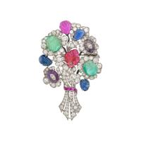DIAMOND AND CARVED MULTIGEM BOUQUET BROOCH