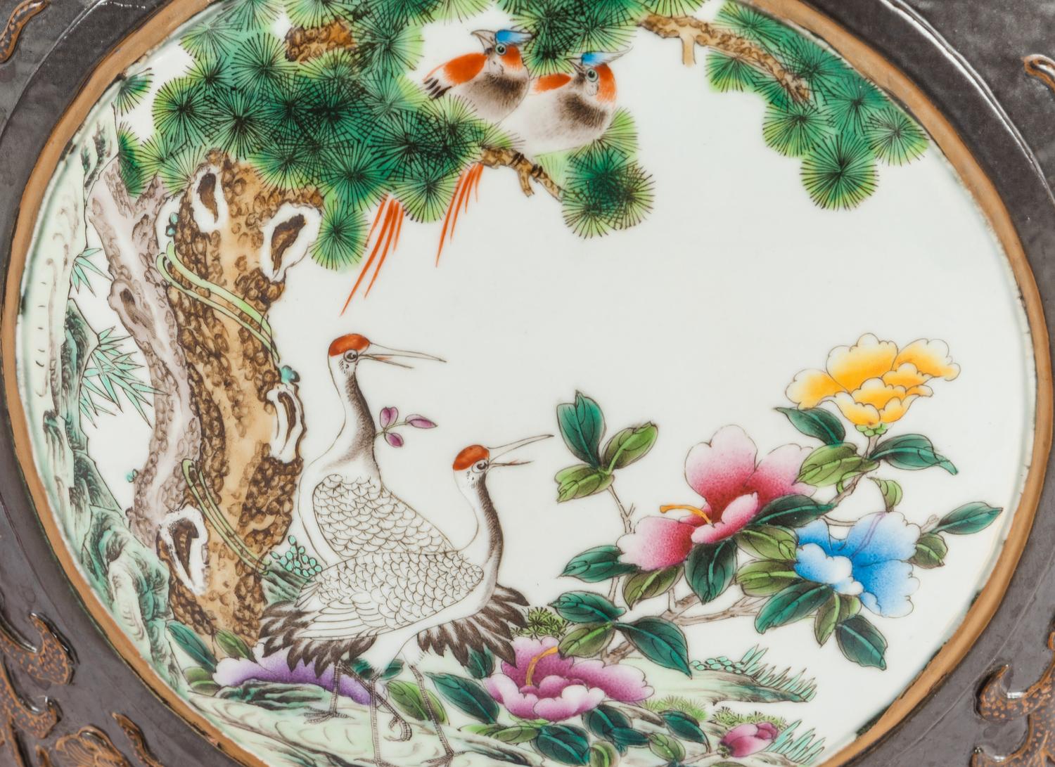 A Pair of Large Chinese Export Brown-Glazed Porcelain Jardinières with Stands — 20TH CENTURY