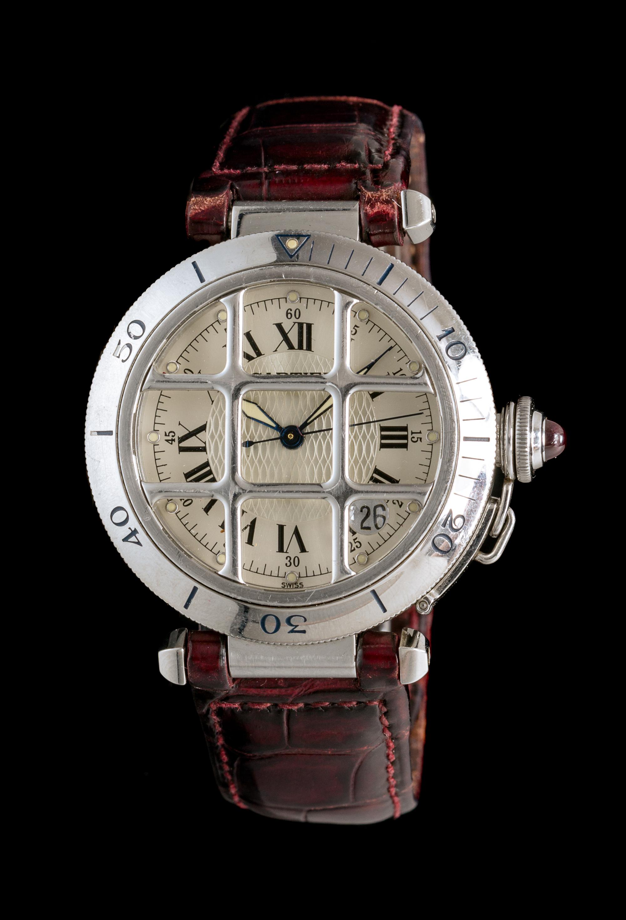 A Limited Anniversary Edition Stainless Steel Pasha Grille Wristwatch, Cartier, Circa 1997,