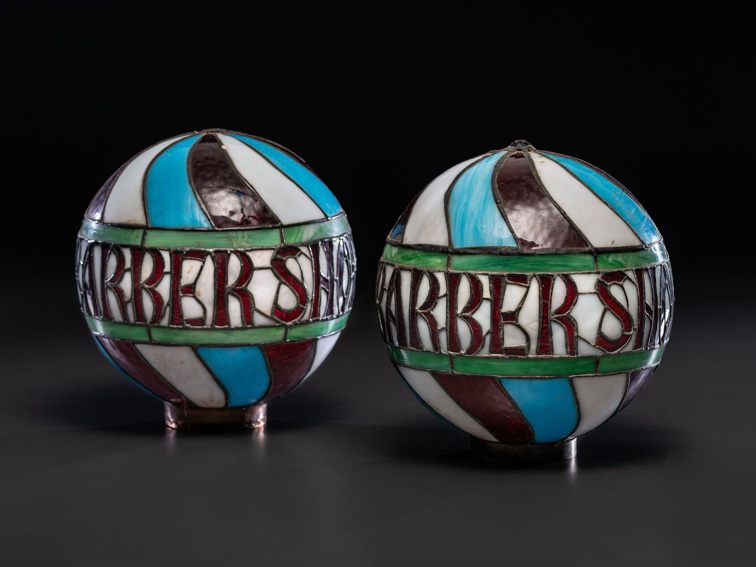 A Pair of Leaded Glass Barber Pole Globes