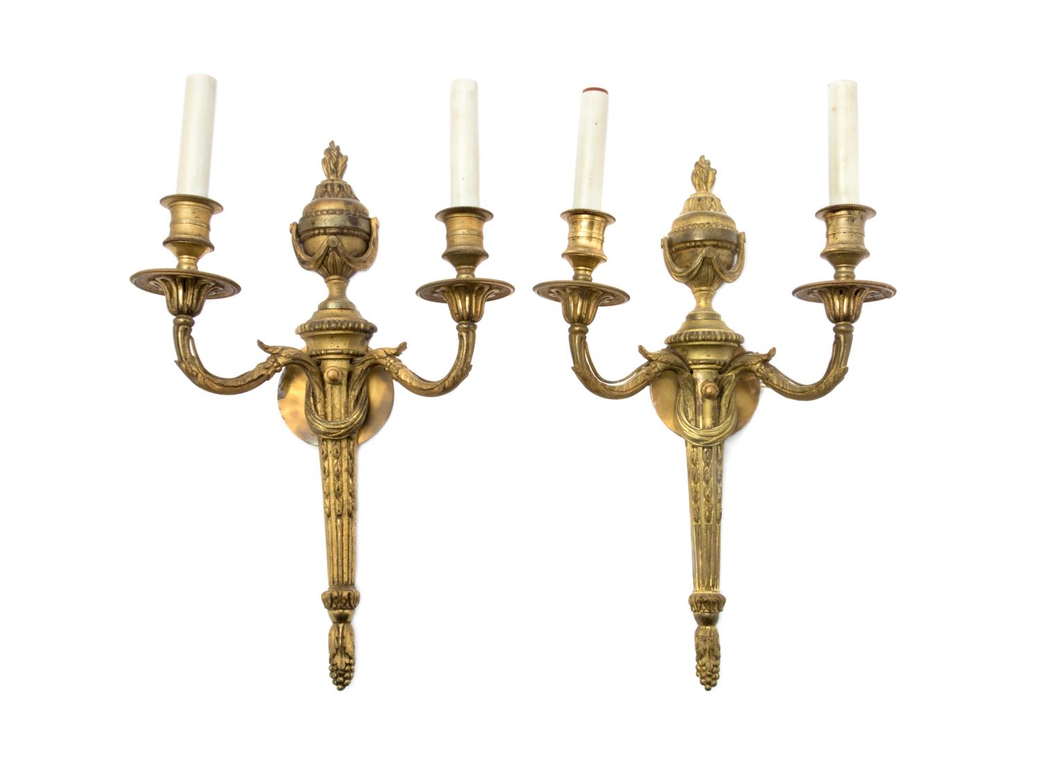 A Pair of Louis XVI Style Gilt Metal Two-Light Sconces