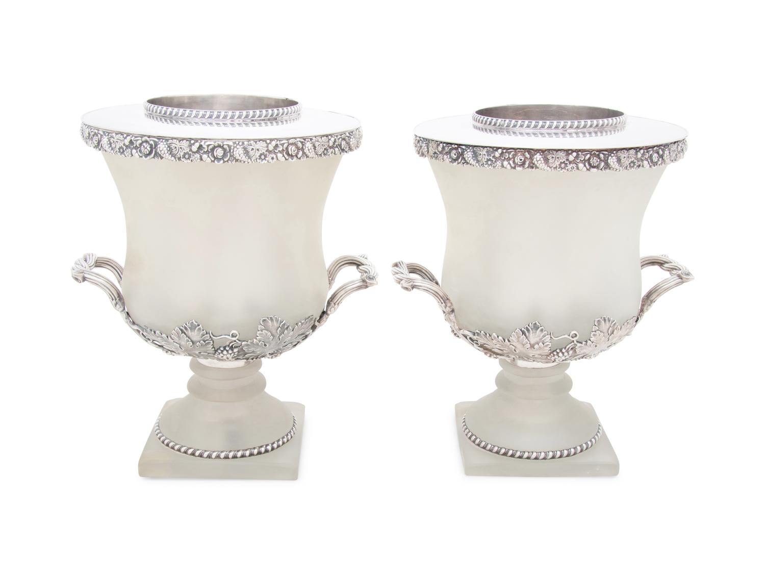 A Pair of English Silver-Plate and Frosted Glass Wine Coolers