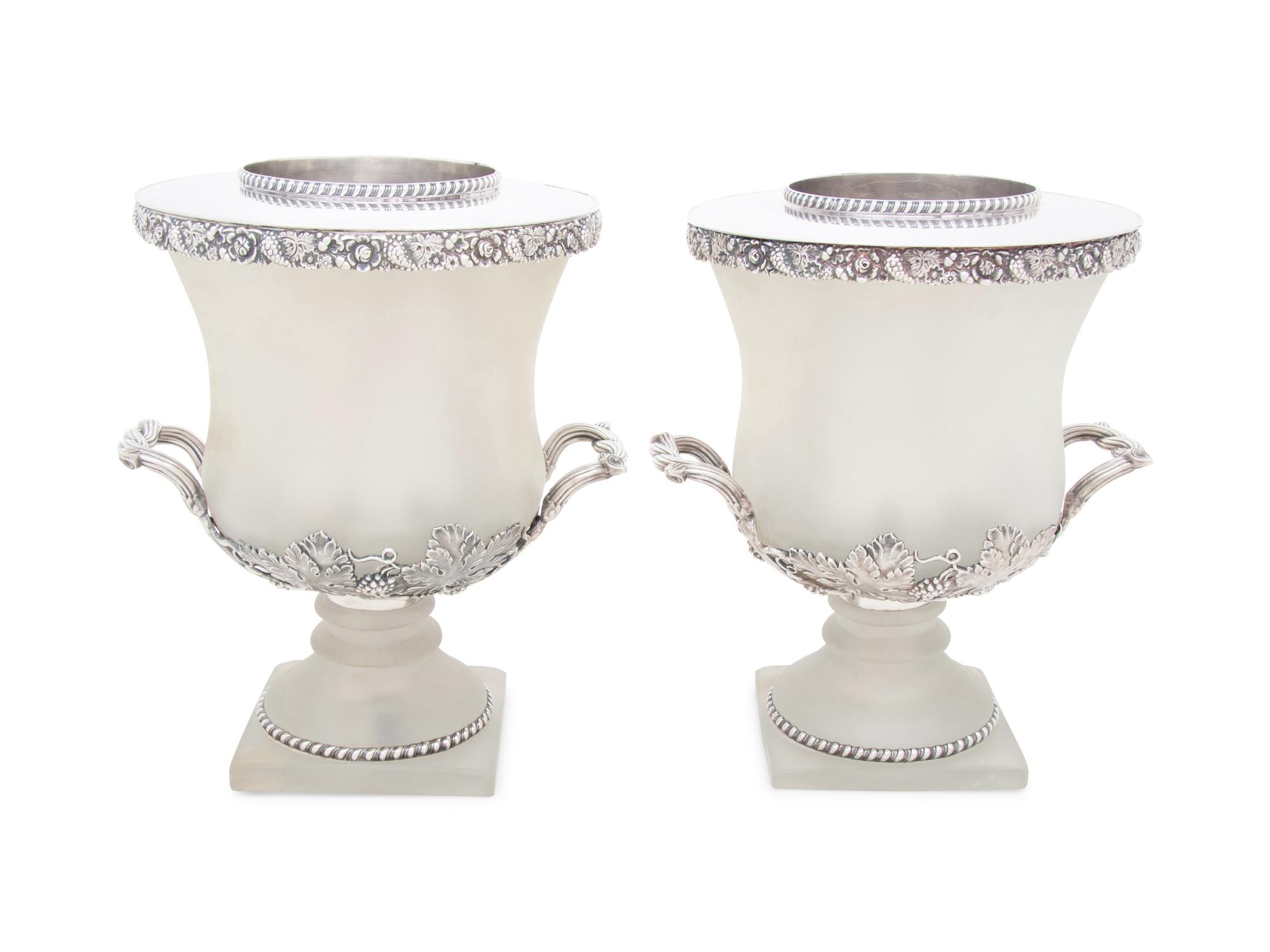 A Pair of English Silver-Plate and Frosted Glass Wine Coolers