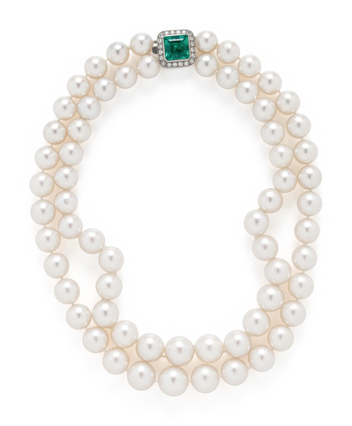 CULTURED PEARL DOUBLE STRAND NECKLACE WITH EMERALD AND DIAMOND CLASP