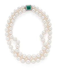 CULTURED PEARL DOUBLE STRAND NECKLACE WITH EMERALD AND DIAMOND CLASP