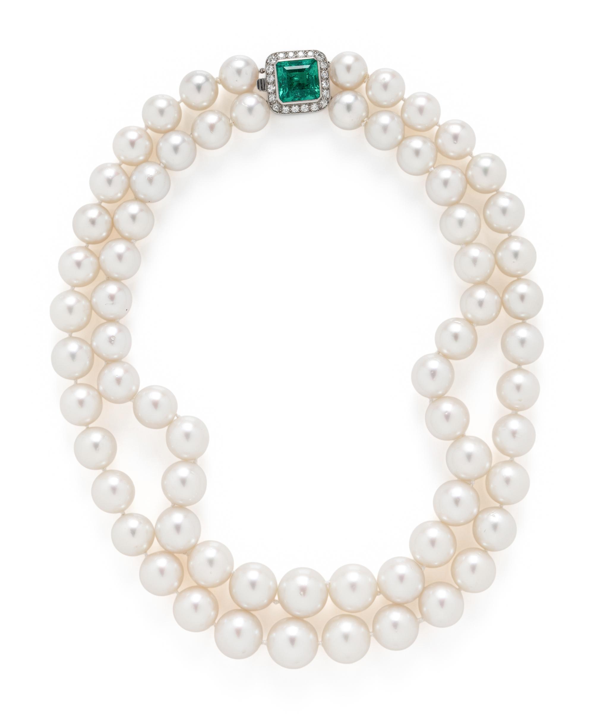 CULTURED PEARL DOUBLE STRAND NECKLACE WITH EMERALD AND DIAMOND CLASP