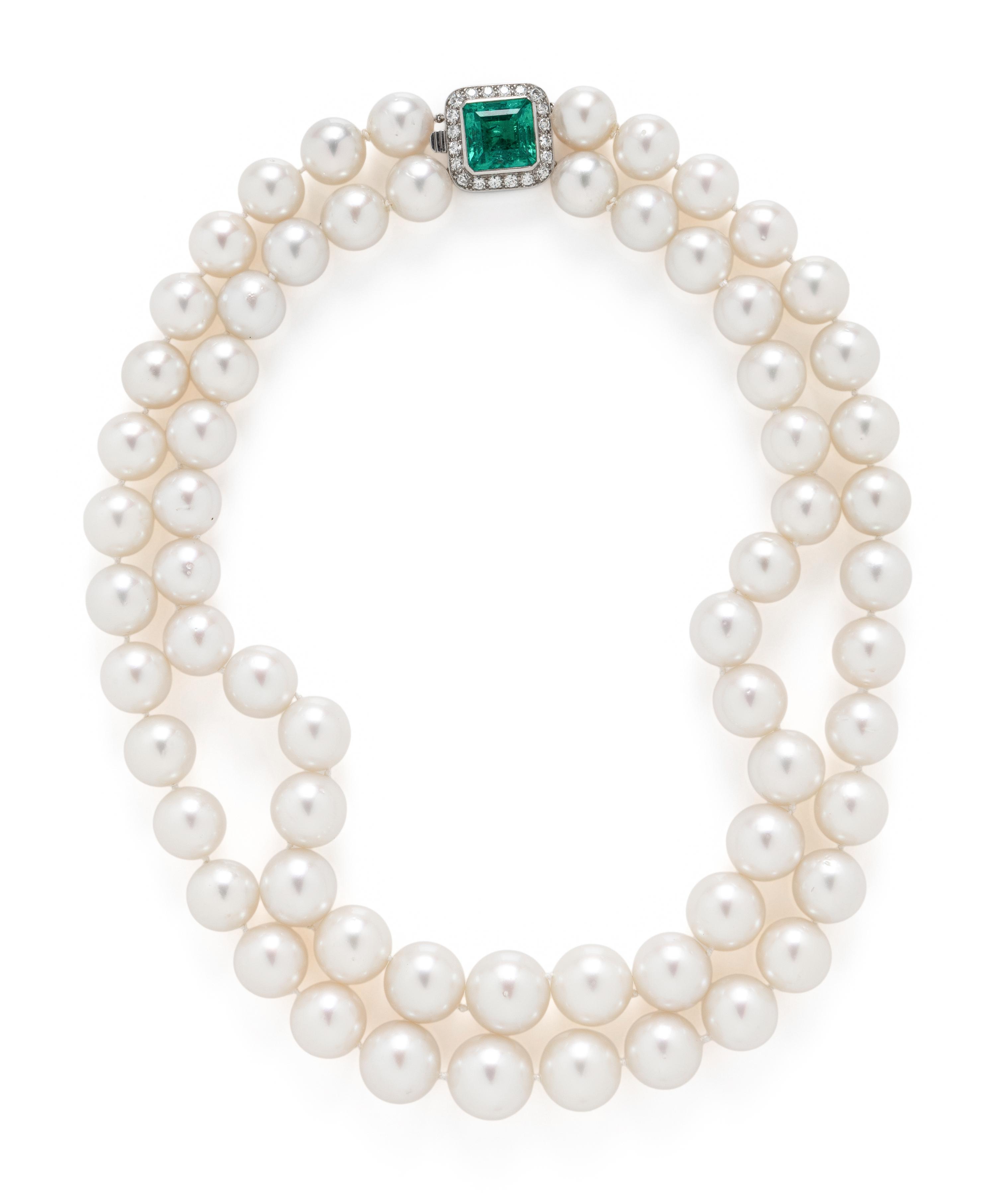 CULTURED PEARL DOUBLE STRAND NECKLACE WITH EMERALD AND DIAMOND CLASP