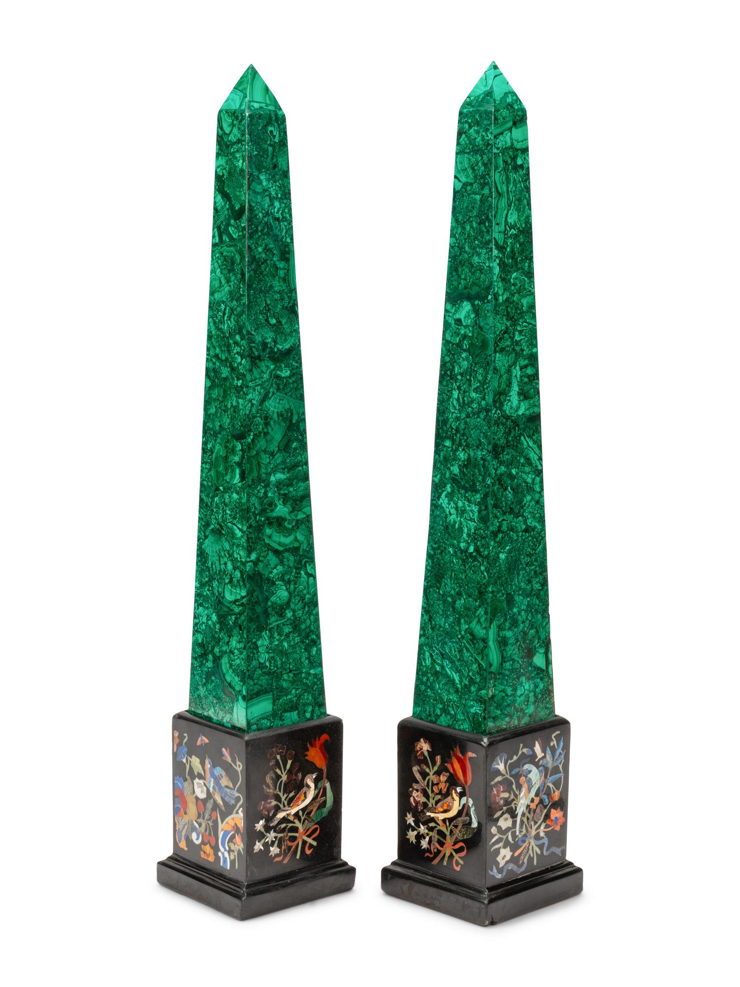 A Pair of Malachite Veneered Obelisks on Specimen Marble Bases