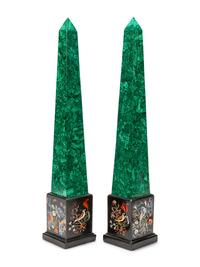 A Pair of Malachite Veneered Obelisks on Specimen Marble Bases