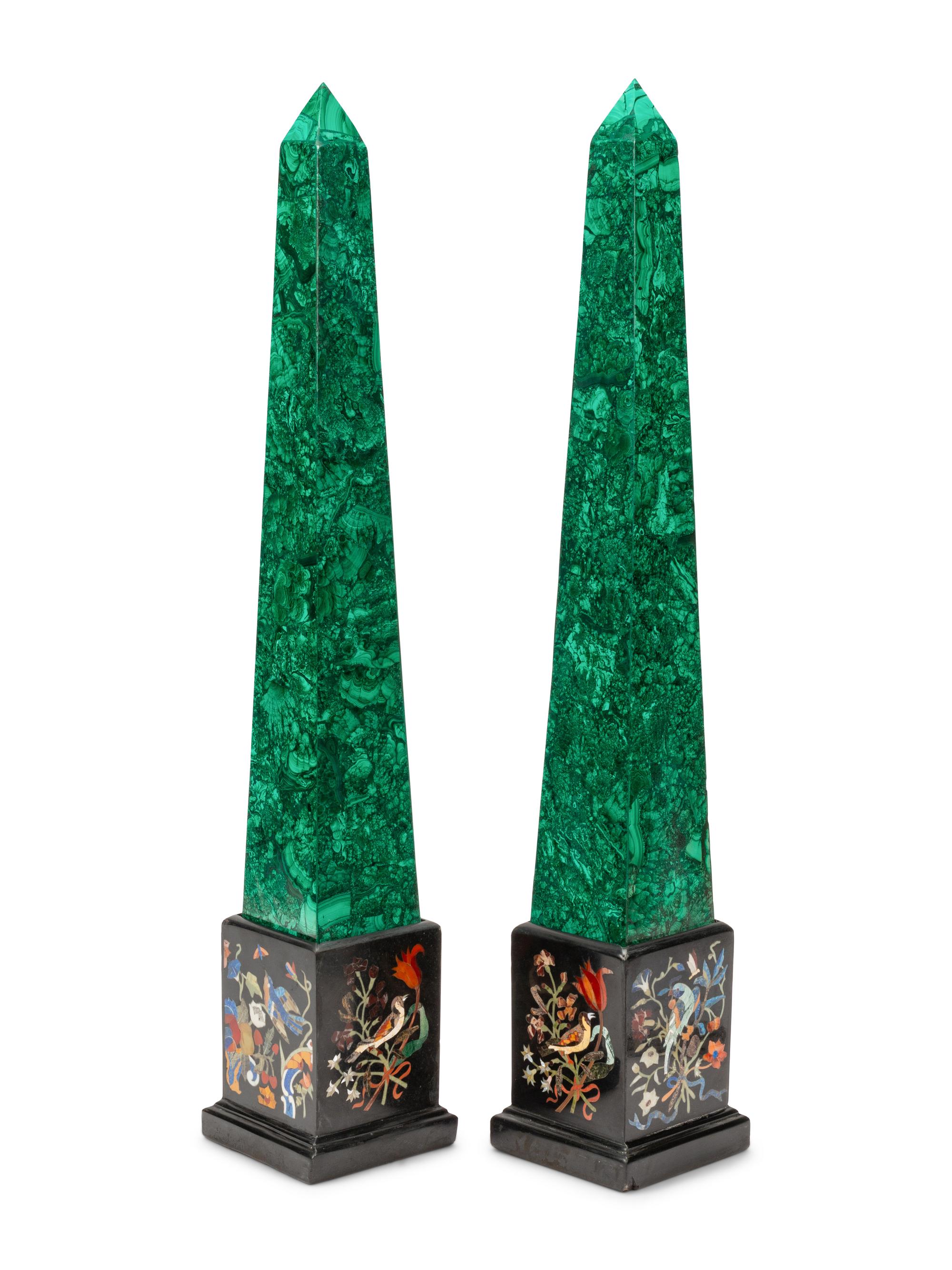 A Pair of Malachite Veneered Obelisks on Specimen Marble Bases