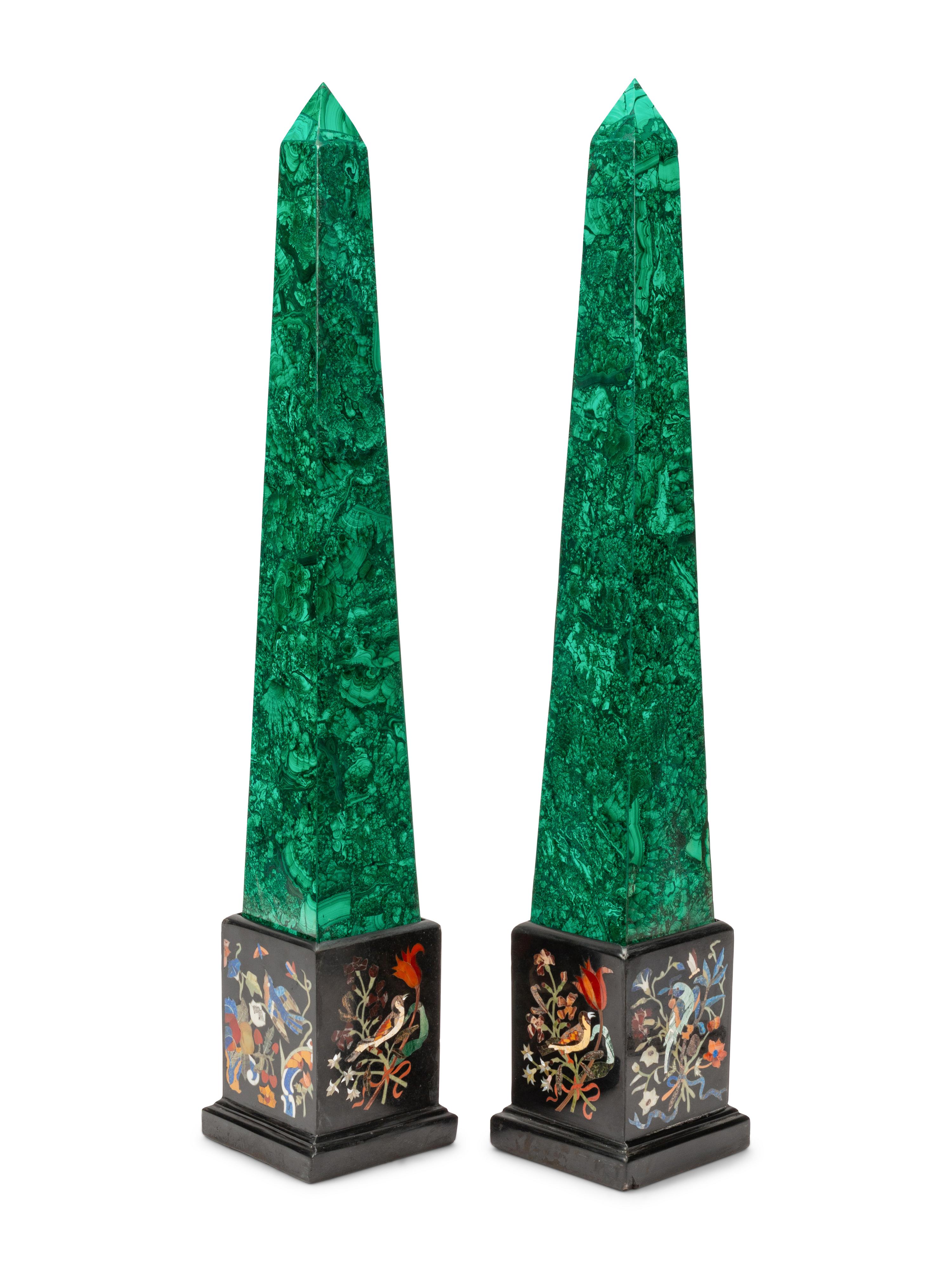 A Pair of Malachite Veneered Obelisks on Specimen Marble Bases