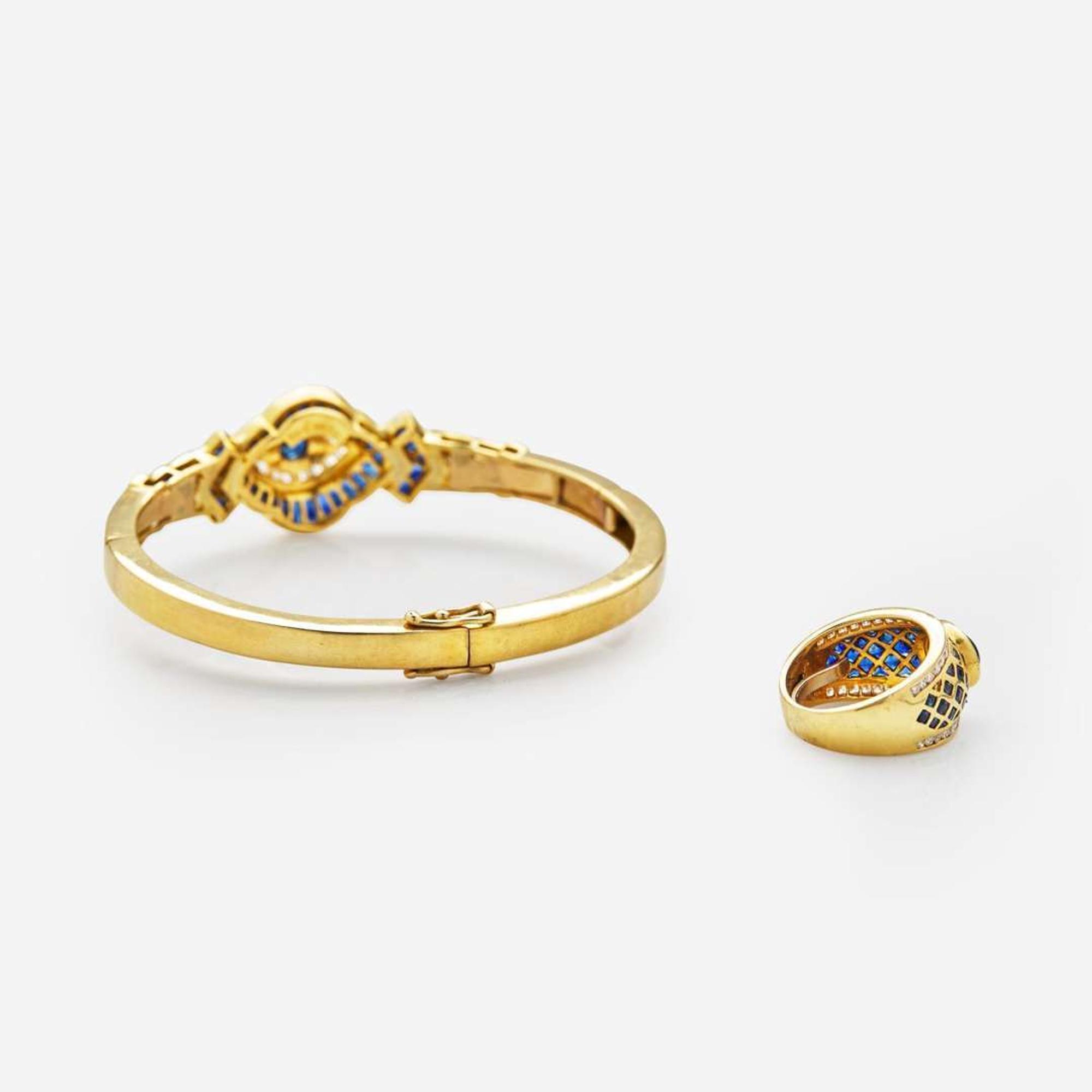 A Set of 18K Yellow Gold, Sapphire, and Diamond Bracelet and Ring