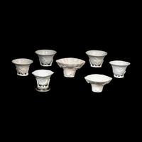 Seven Chinese Blanc-de-Chine Porcelain Libation Cups, 18th-Early 20th Century 清中期-民國 德化白瓷梅花杯及鹿鶴同春杯七支