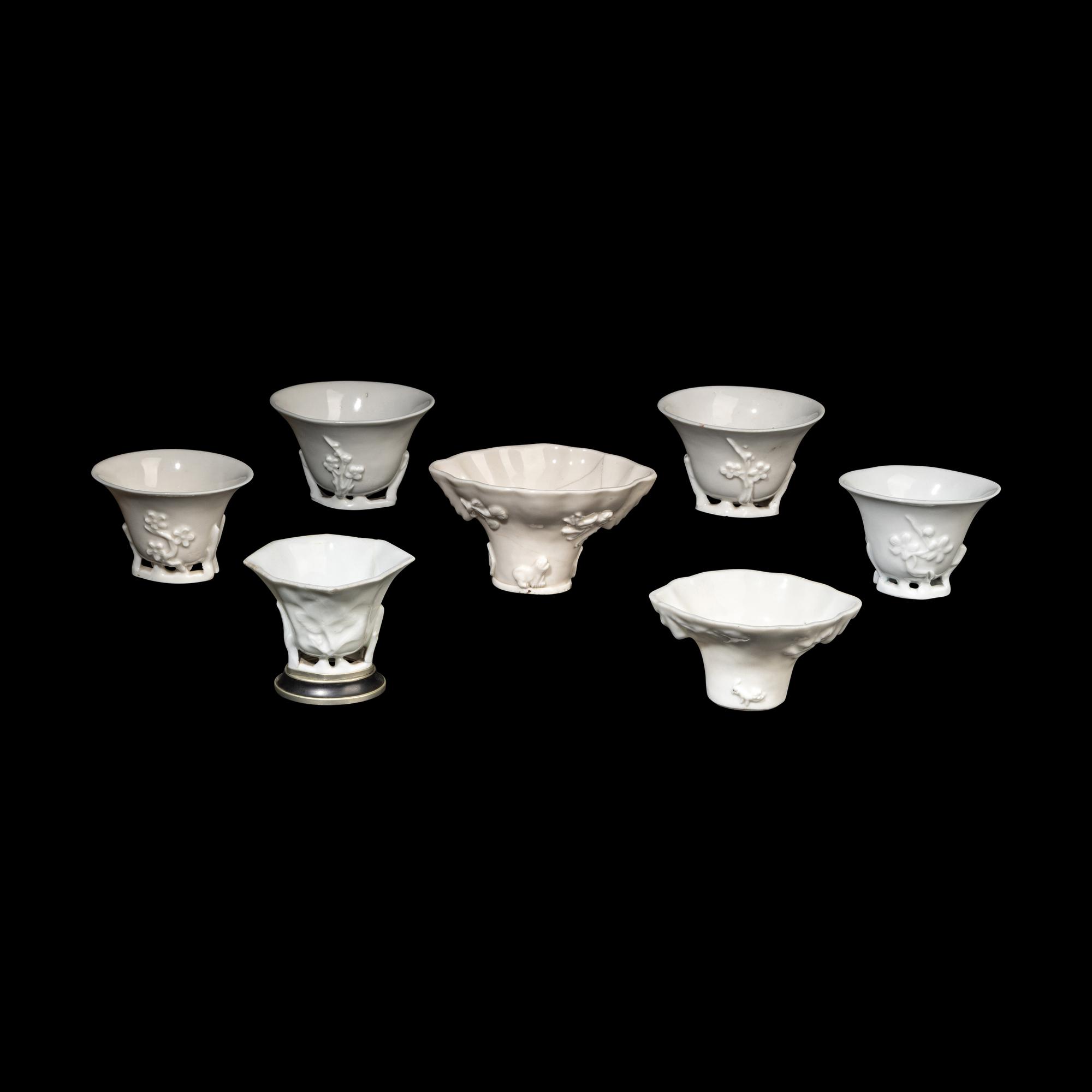 Seven Chinese Blanc-de-Chine Porcelain Libation Cups, 18th-Early 20th Century 清中期-民國 德化白瓷梅花杯及鹿鶴同春杯七支