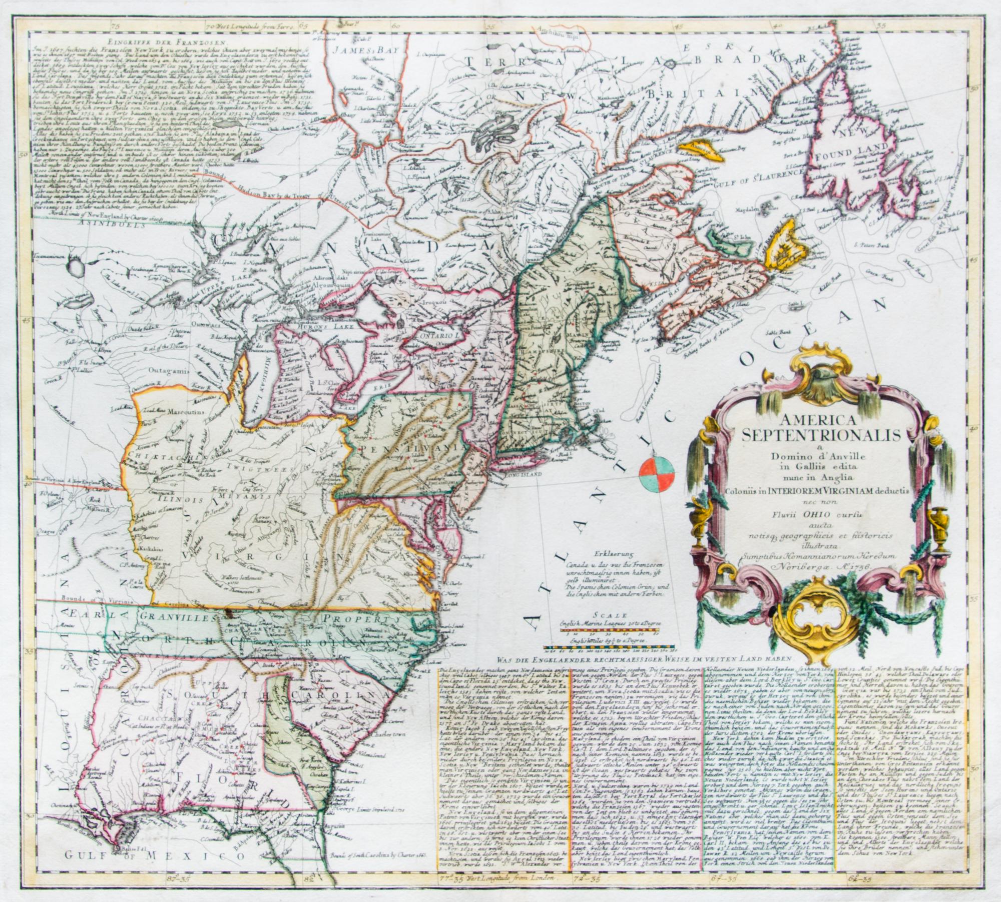 (MAP) HEIRS, HOMANN. America Septentrionalis. Nuremberg, 1777. Hand-colored map of the Colonial United States.