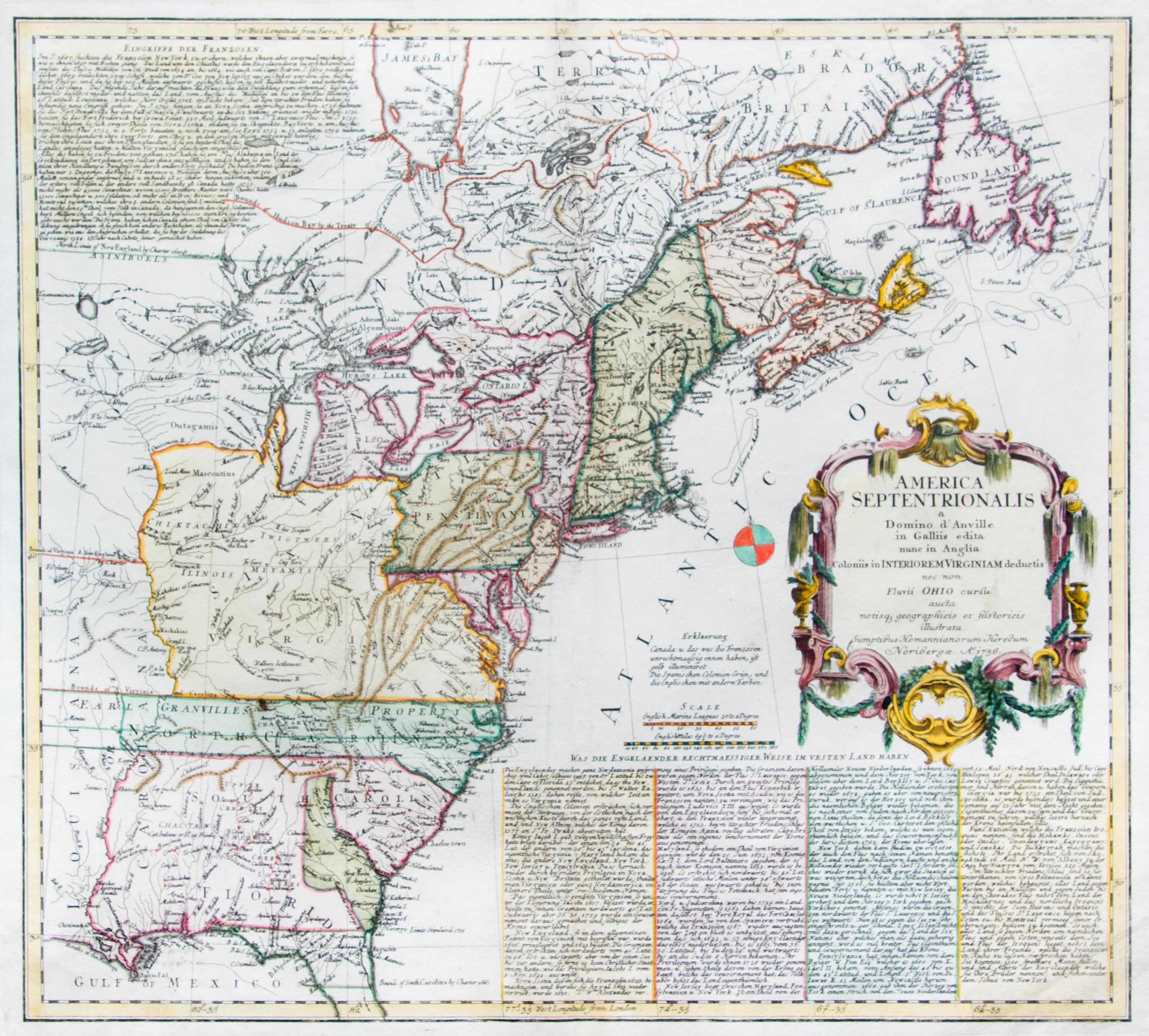 (MAP) HEIRS, HOMANN. America Septentrionalis. Nuremberg, 1777. Hand-colored map of the Colonial United States.