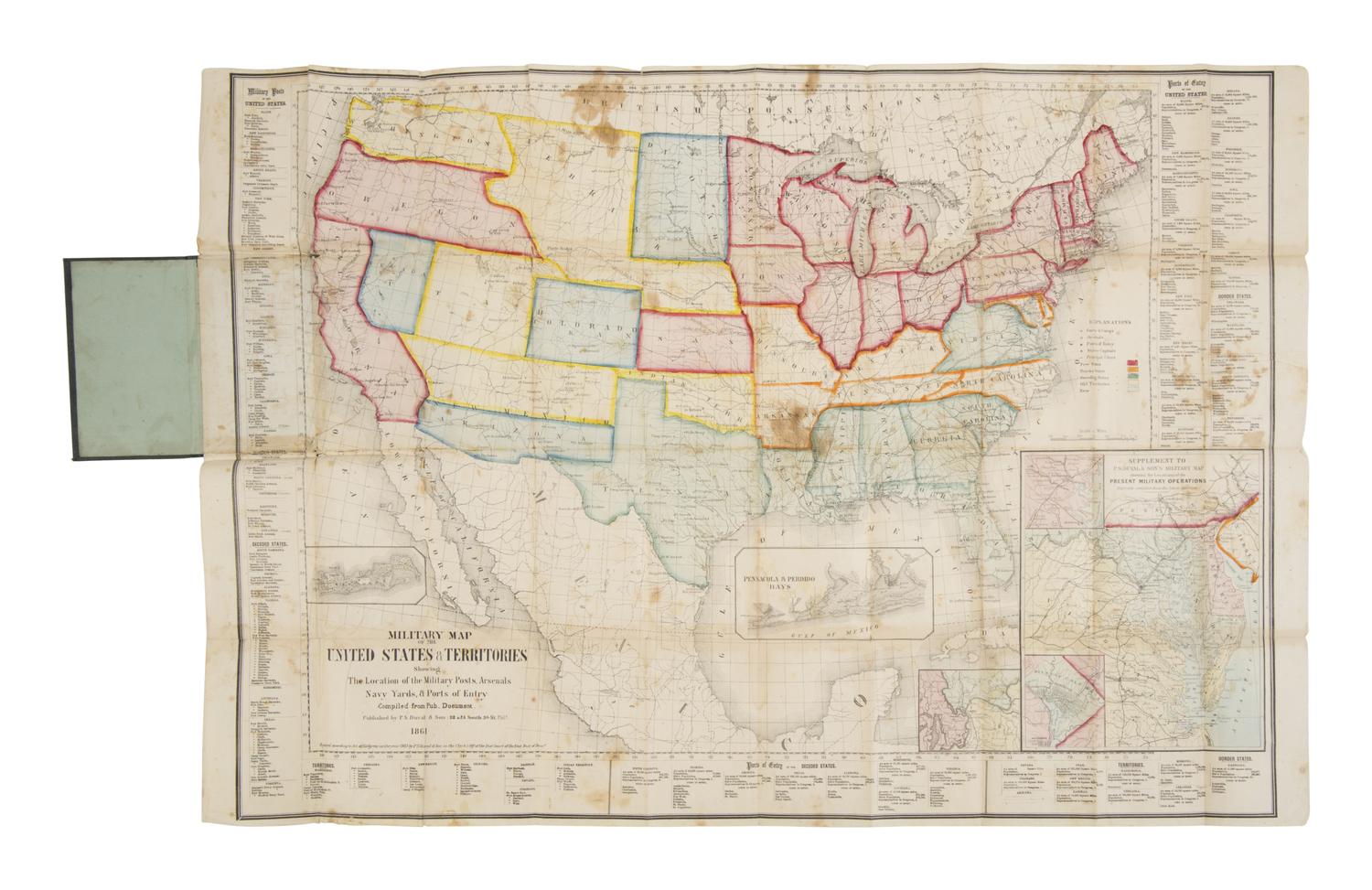 [Civil War]. Military Map of the United States and Territories Showing the Location of Military Posts, Arsenals, Navy Yards, and Points of Entry. Philadelphia: P.S. Duval & Son, 1861.