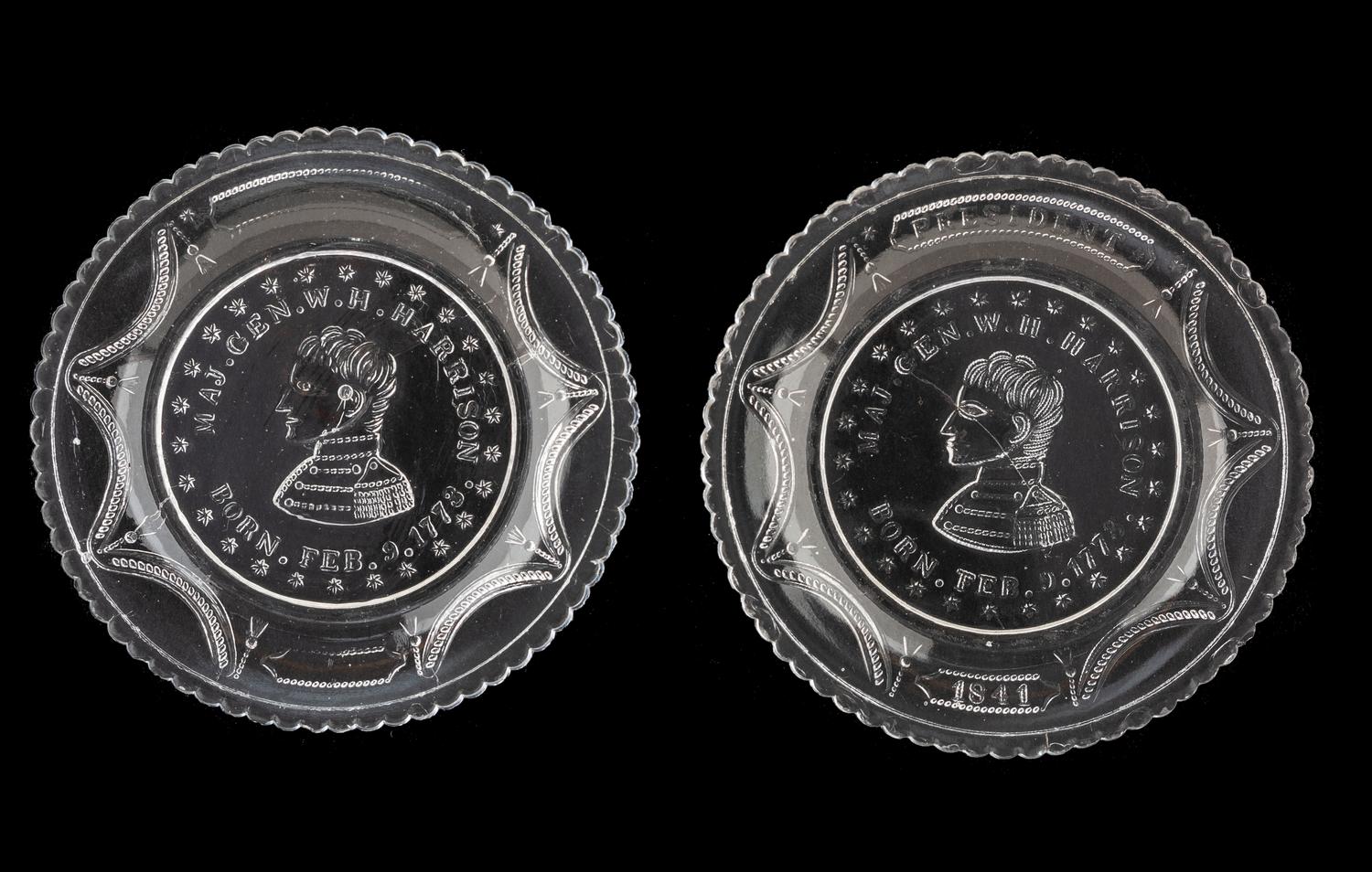 [HARRISON, William Henry]. A group of campaign and memorial clear glass cup plates.