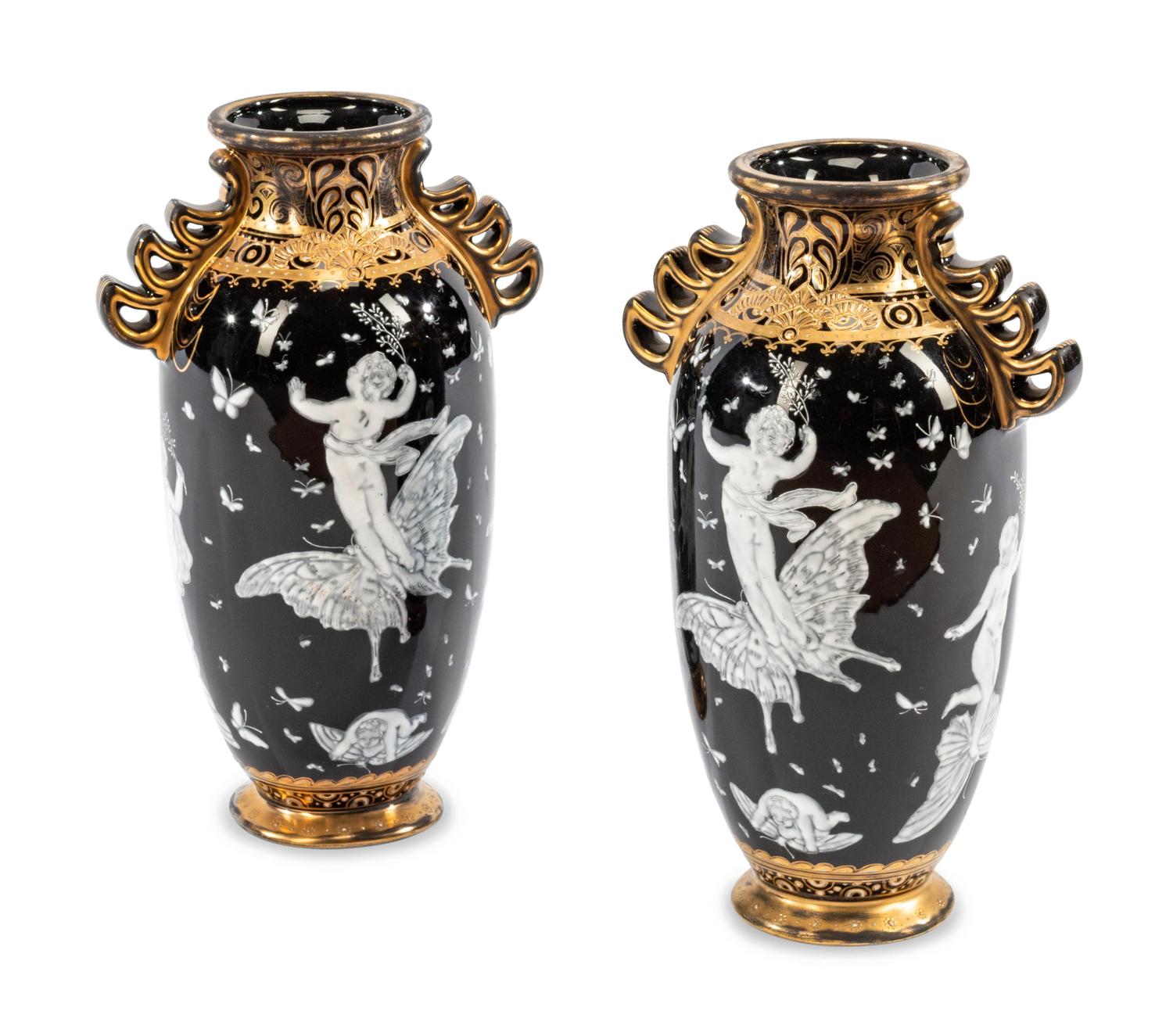 A Pair of Minton Style Pâte-sur-Pâte Porcelain Vases