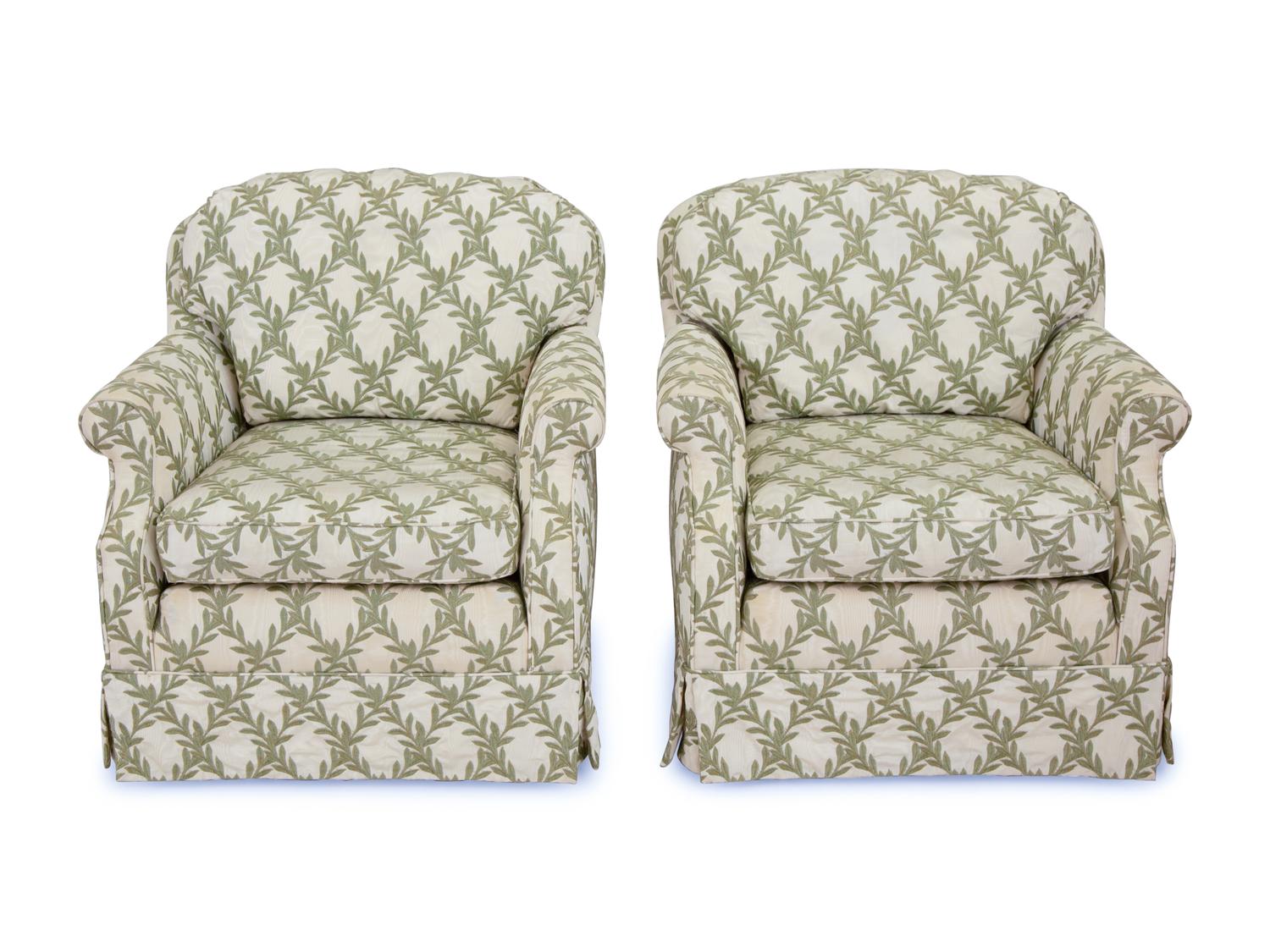 A Pair of French Embroidered Silk Upholstered Club Chairs