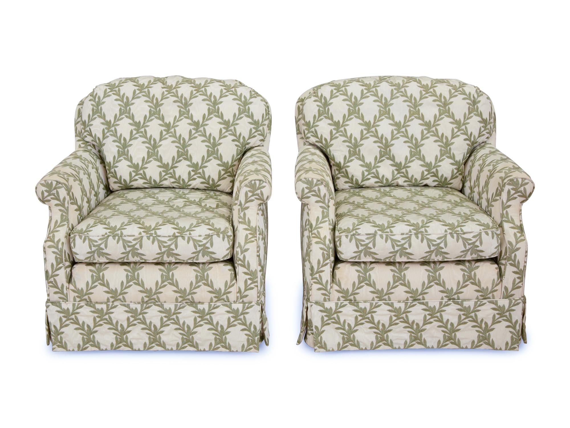A Pair of French Embroidered Silk Upholstered Club Chairs