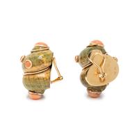 MAZ, TURBO SHELL, CORAL, AND YELLOW GOLD EARRINGS