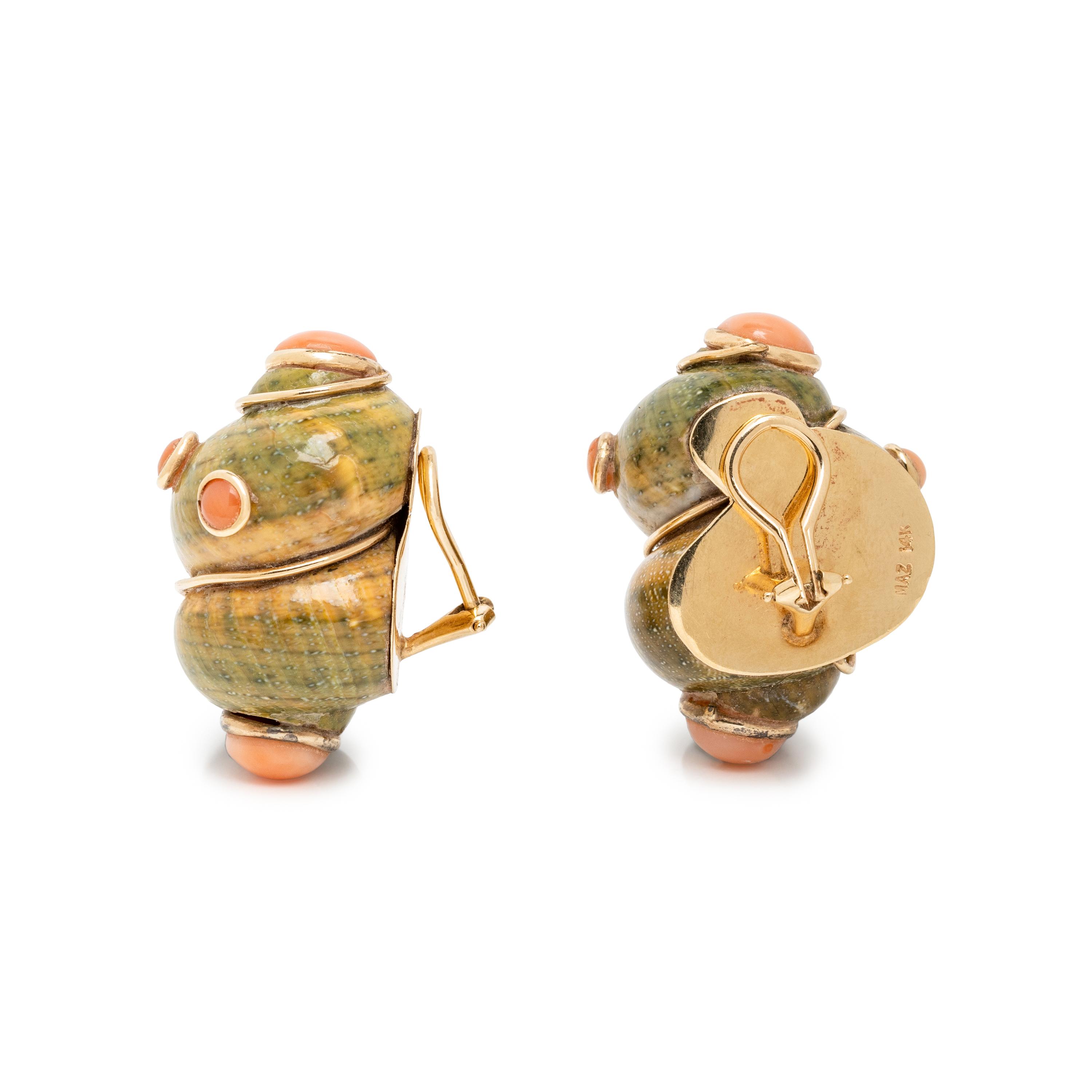 MAZ, TURBO SHELL, CORAL, AND YELLOW GOLD EARRINGS