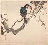 Seiko Okuhara, (Japanese, 1837-1918), Two works: Woodpecker on a Cherry Tree and A Pair of Birds on Flowering Branch