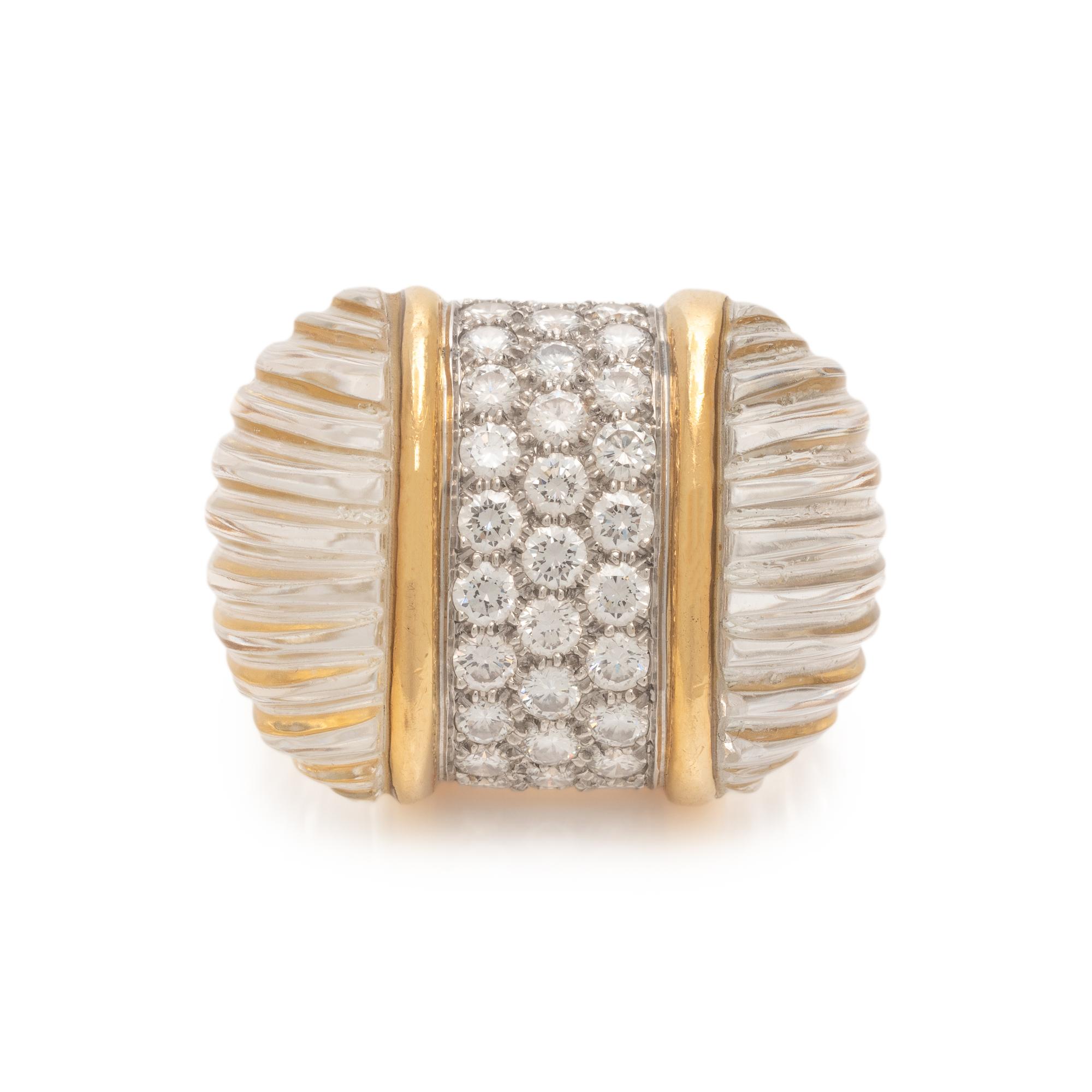 YELLOW GOLD, ROCK CRYSTAL AND DIAMOND RING