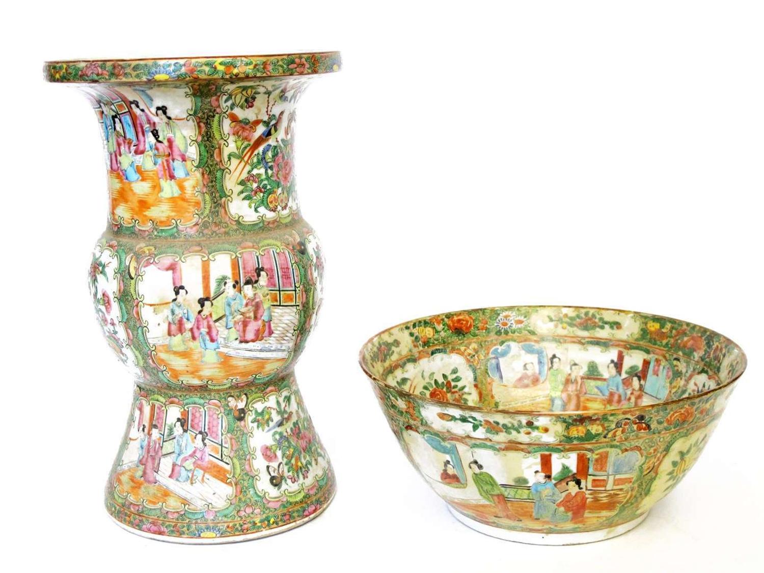 Chinese Export porcelain Rose Medallion punch bowl and Gu-form vase early 19th century