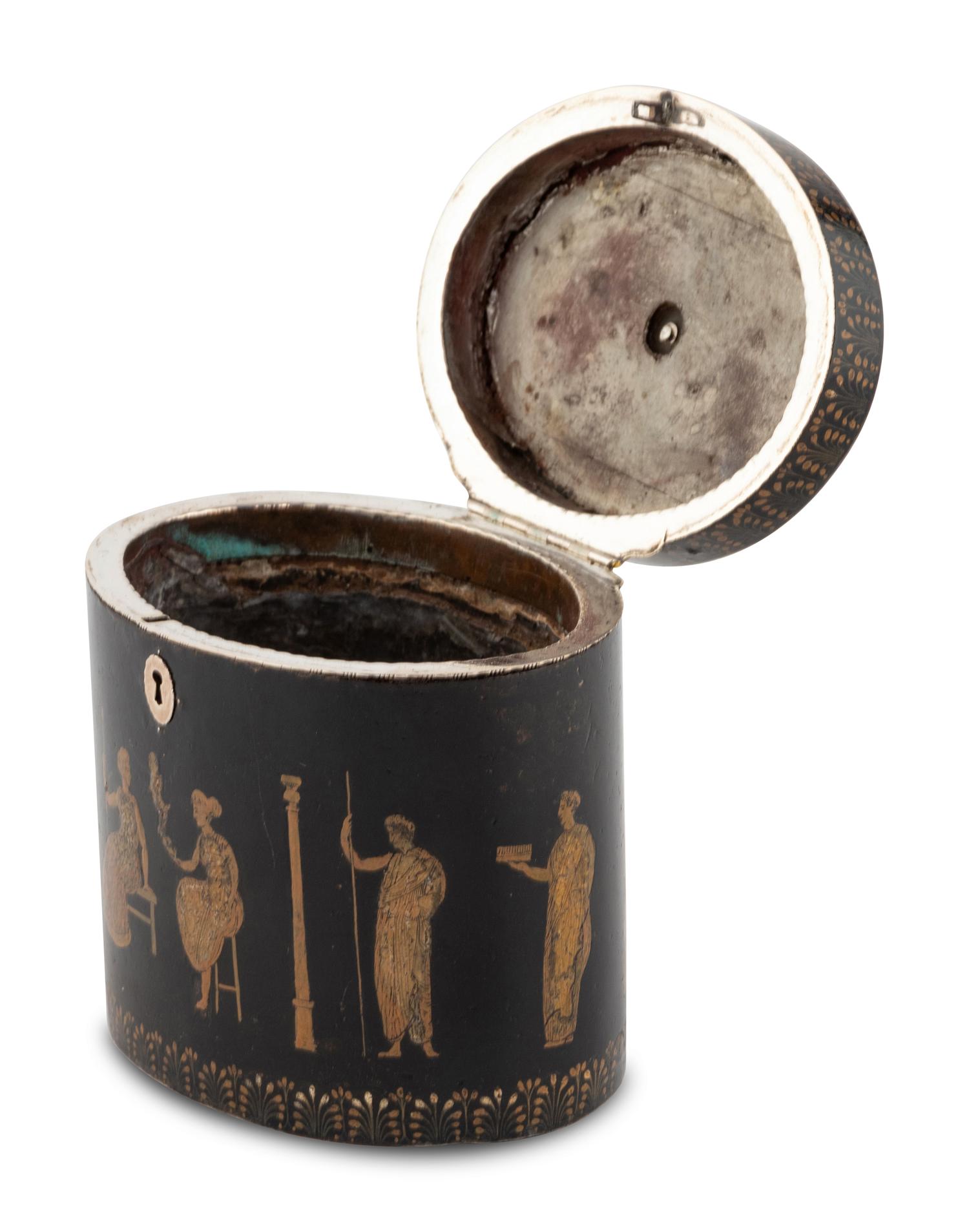 An English Ebonized and Pen-Work Decorated Tea Caddy