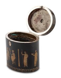 An English Ebonized and Pen-Work Decorated Tea Caddy