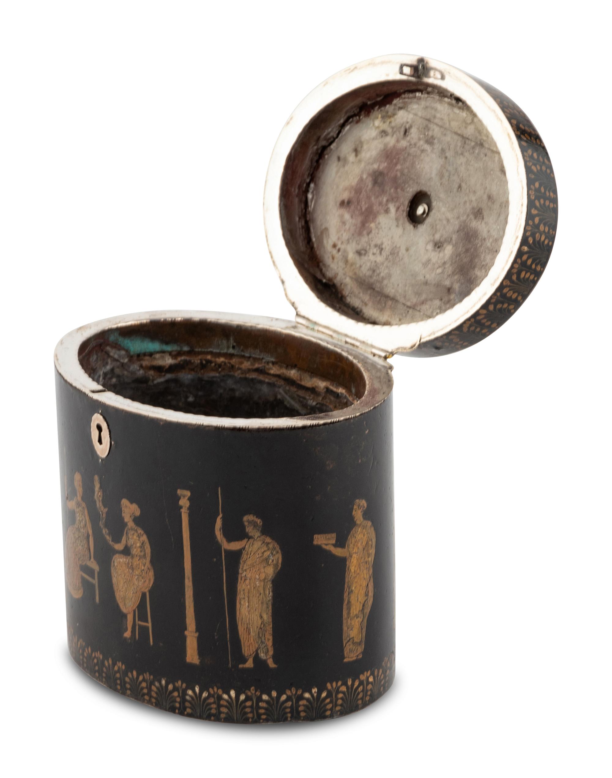 An English Ebonized and Pen-Work Decorated Tea Caddy
