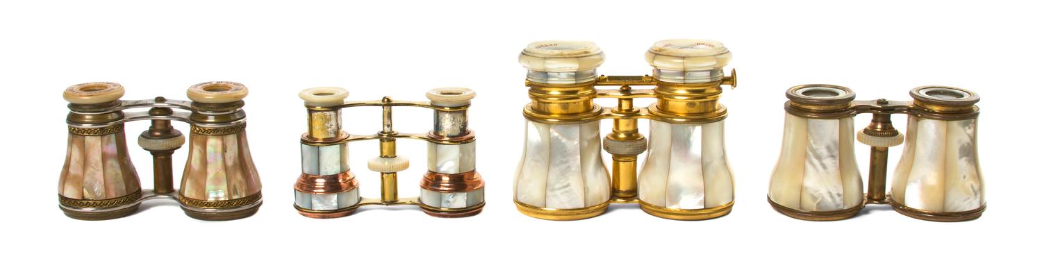 Four Pairs of French Mother-of-Pearl Veneered Opera Glasses, Width of first 4 1/2 inches.