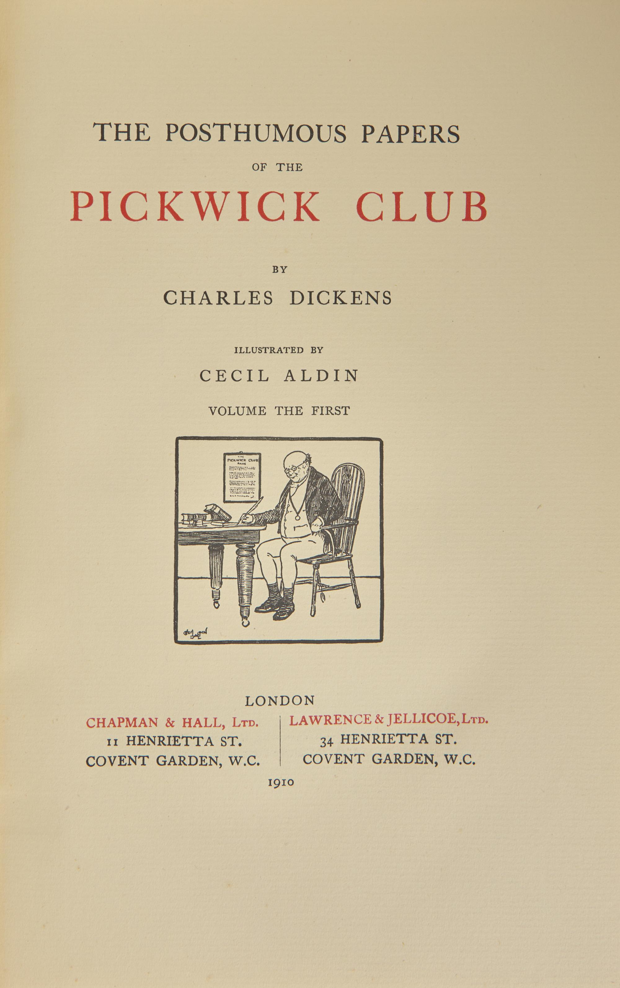 DICKENS, Charles (1812-1870). The Posthumous Papers of the Pickwick Club. London: Chapman & Hall, Ltd./Lawrence & Jellicoe, Ltd., 1910.