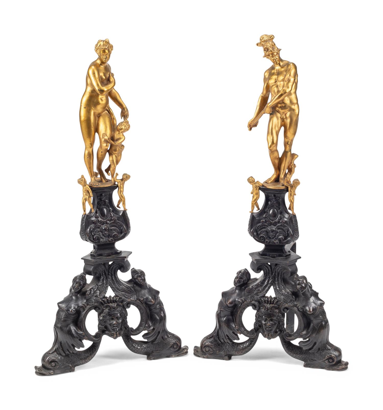A Pair of Large Baroque Style Gilt and Patinated Bronze Figural Chenets