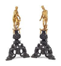 A Pair of Large Baroque Style Gilt and Patinated Bronze Figural Chenets