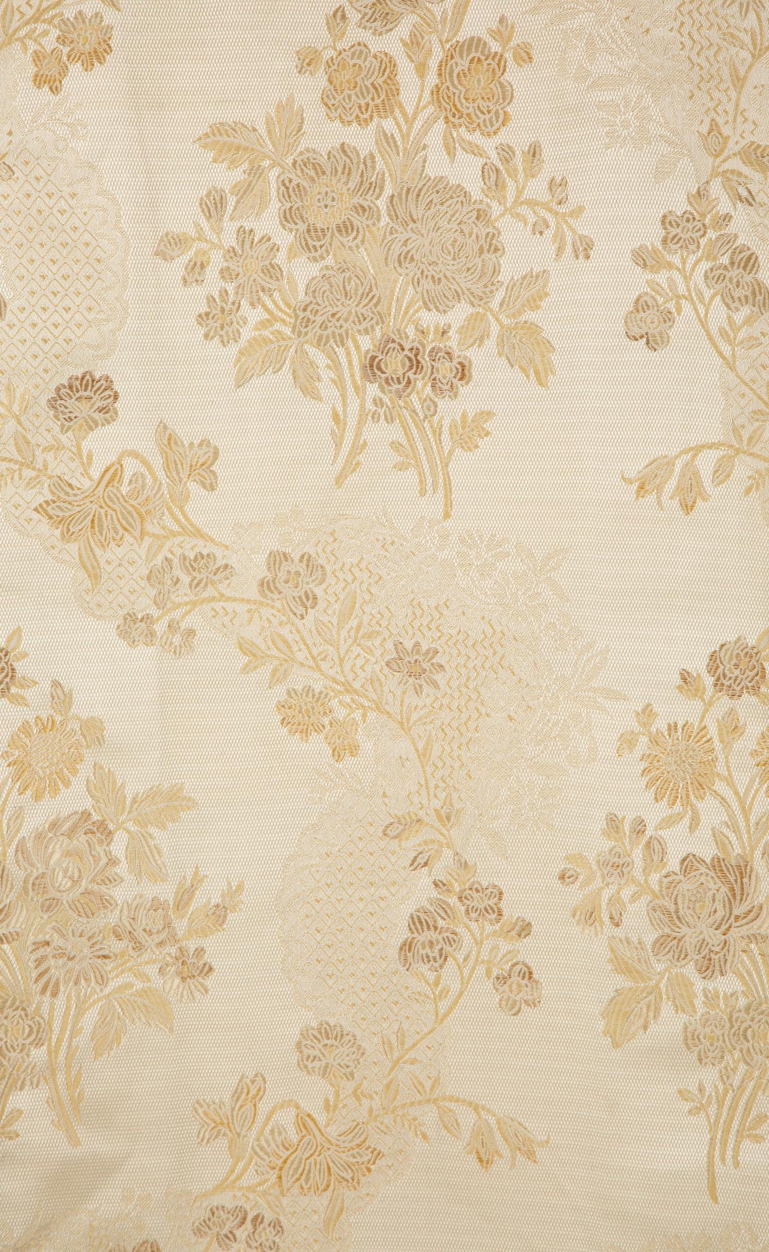 A Group of Four Scalamandré Mont Blanc Silk Lampas Balloon Shades and Drapery Panels