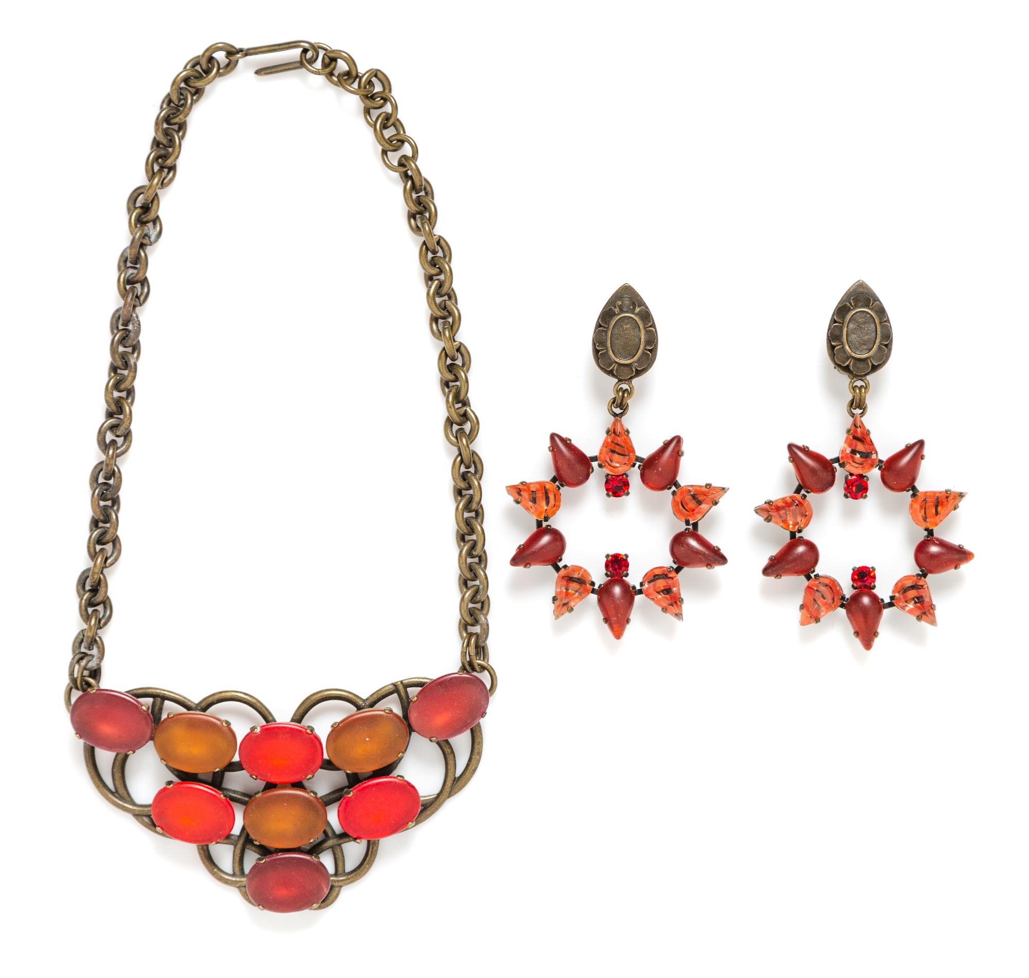 A Jean-Louis Blin Scarlet Necklace and Earclip Set, Necklace: 16" length; Earclip: 3" x 2".