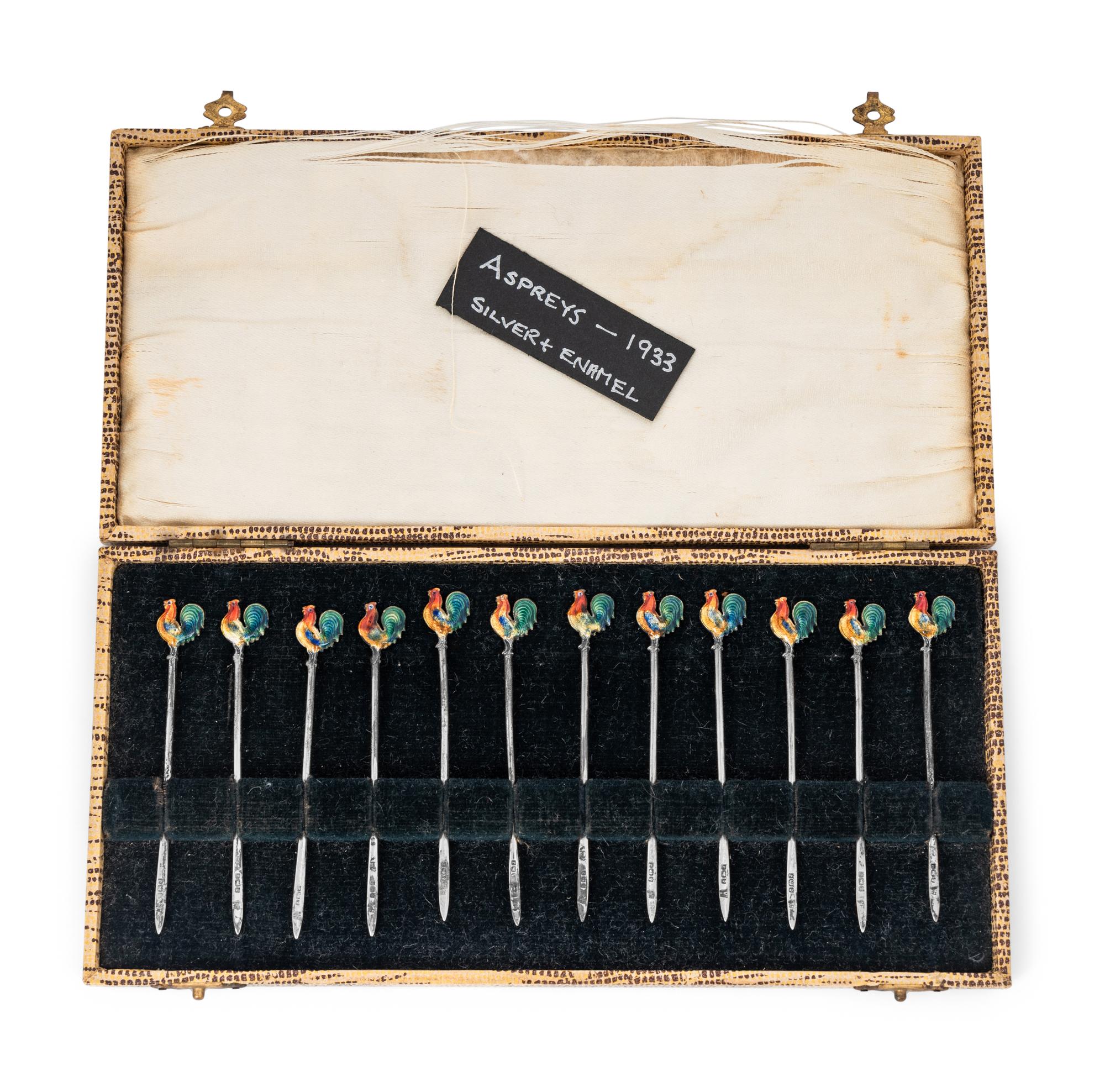 A Collection of Enameled Silver 'Rooster' Cocktail Picks