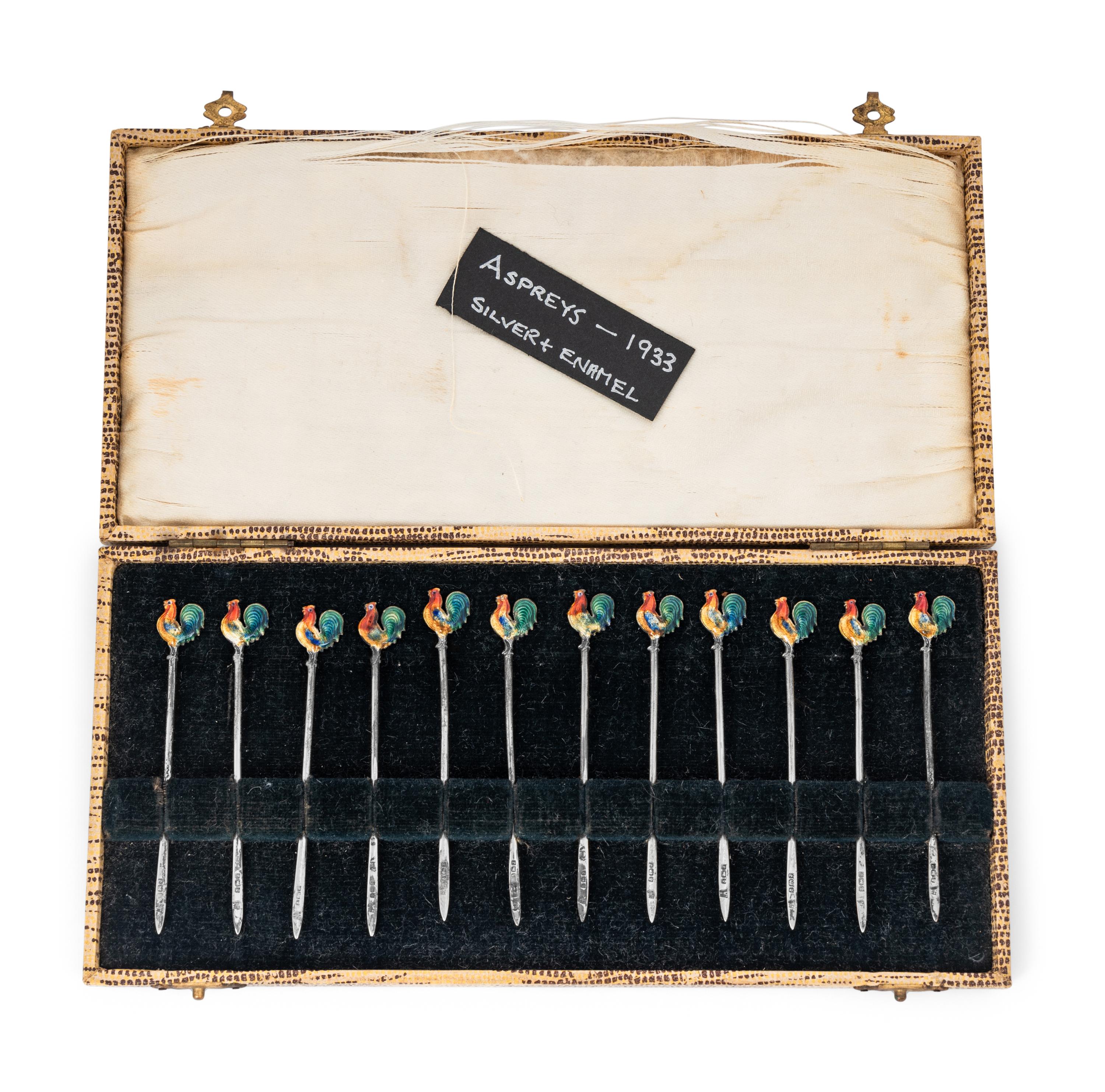 A Collection of Enameled Silver 'Rooster' Cocktail Picks