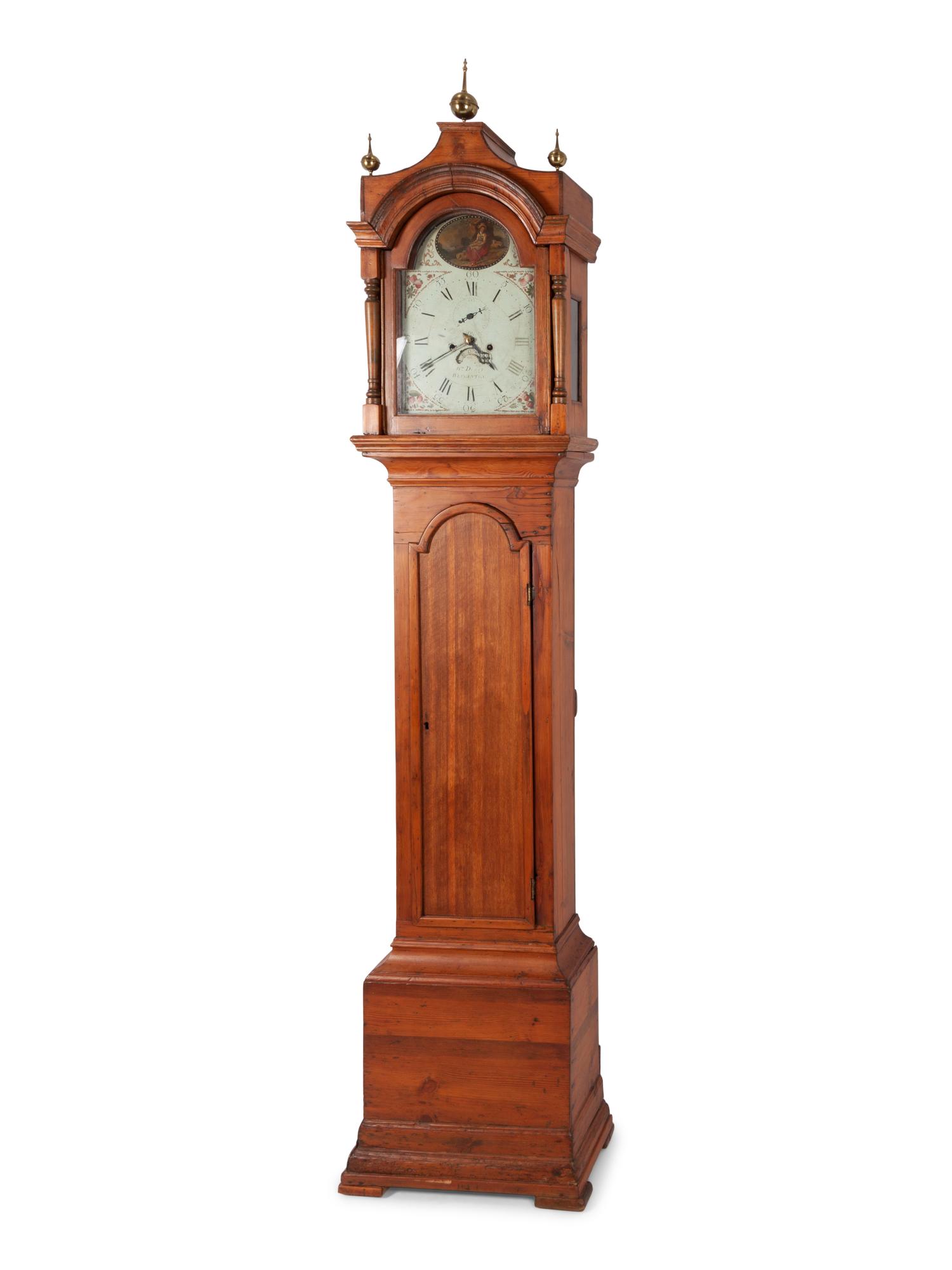 A George III Brass Mounted and Polychrome Decorated Tall Case Clock