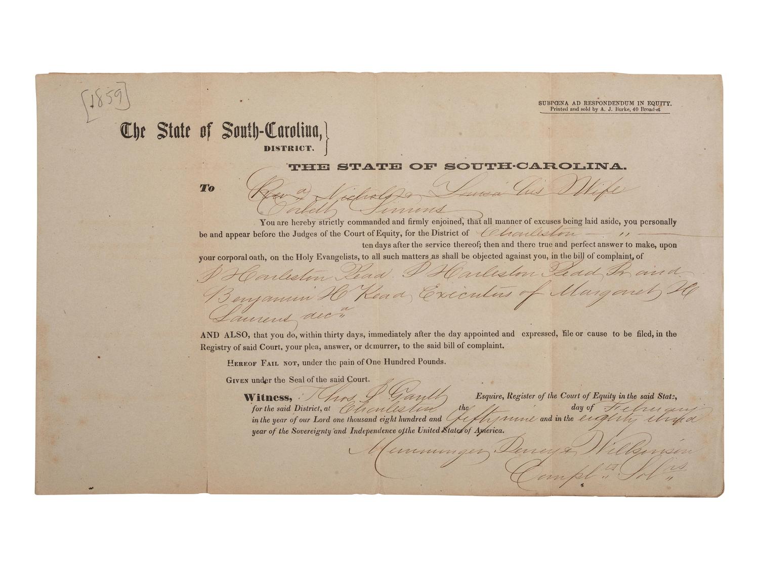 [SOUTH CAROLINA]. Group of 19th-century legal documents, including: