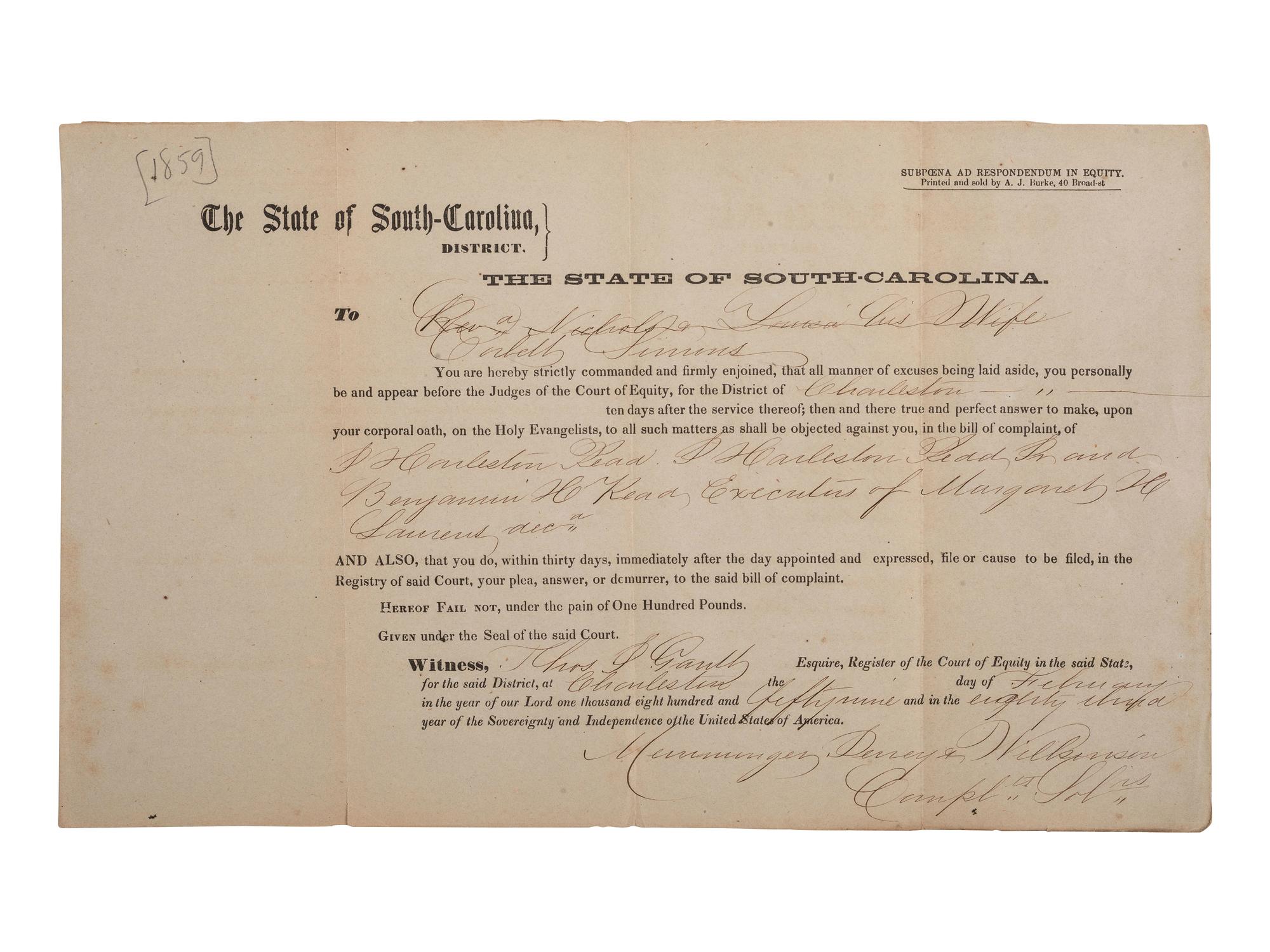 [SOUTH CAROLINA]. Group of 19th-century legal documents, including: