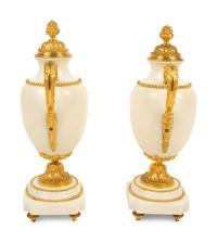 A Pair of Empire Style Gilt Bronze Mounted White Marble Urns — 19TH/20TH CENTURY
